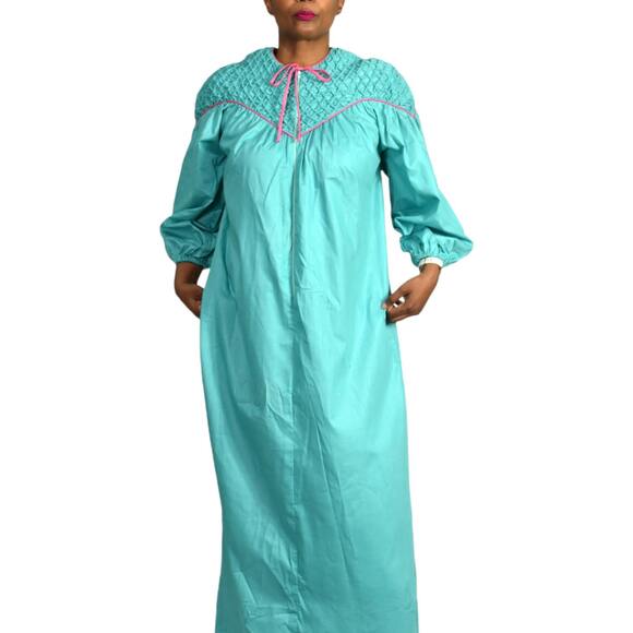 Vintage Robe House Coat Loungewear Green Gown Muumuu Lounge Dress Maxi Small - Picture 15 of 16